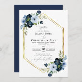Invitation mariage d'écriture florale marine et bleu clair (Devant / Derrière)