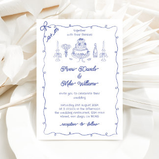 Invitation Mariage d'écriture manuscrite Blue Funky de la Mar
