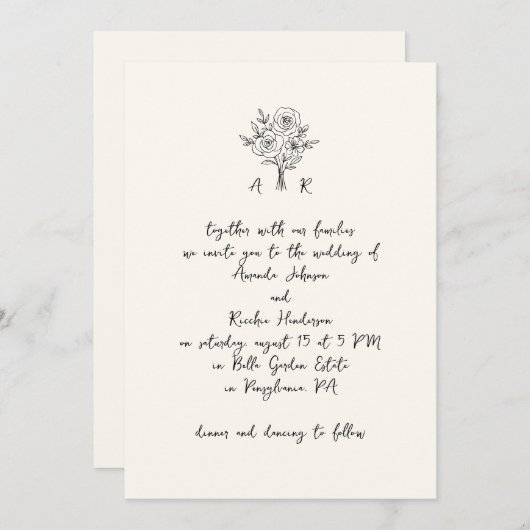 Invitation Mariage d'écriture manuscrite Monogramme de bouque (Devant / Derrière)