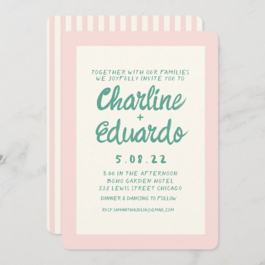 Invitation Mariage d'écriture manuscrite rétro rose et verte (Devant / Derrière)
