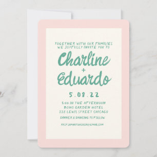 Invitation Mariage d'écriture manuscrite rétro rose et verte