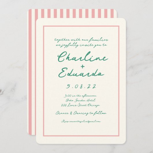Invitation Mariage d'écriture manuscrite rétro rose et verte (Devant / Derrière)