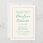 Invitation Mariage d'écriture manuscrite rétro rose et verte (Devant)