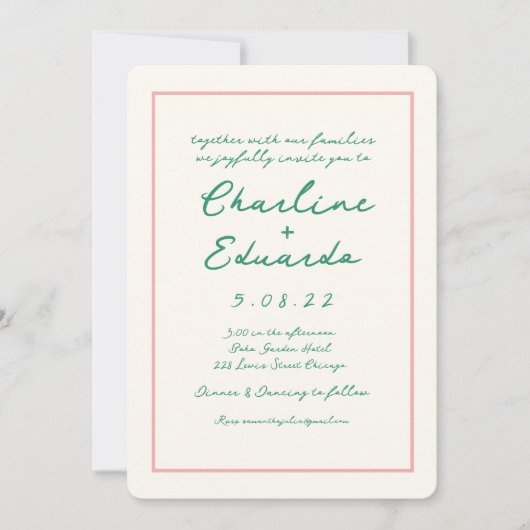 Invitation Mariage d'écriture manuscrite rétro rose et verte (Devant)