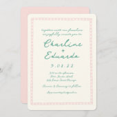 Invitation Mariage d'écriture manuscrite rétro rose et verte (Devant / Derrière)