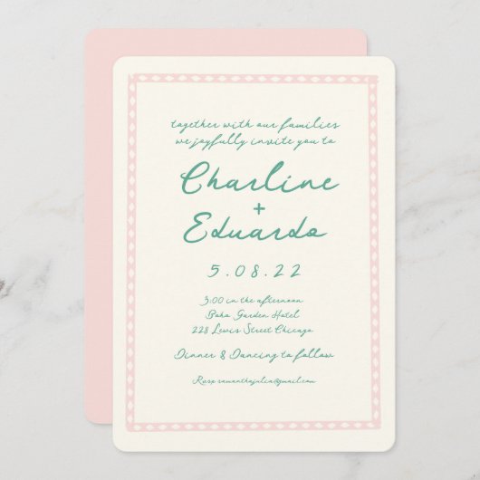 Invitation Mariage d'écriture manuscrite rétro rose et verte (Devant / Derrière)