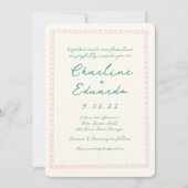 Invitation Mariage d'écriture manuscrite rétro rose et verte (Devant)