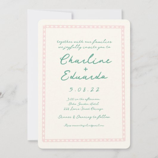 Invitation Mariage d'écriture manuscrite rétro rose et verte (Devant)