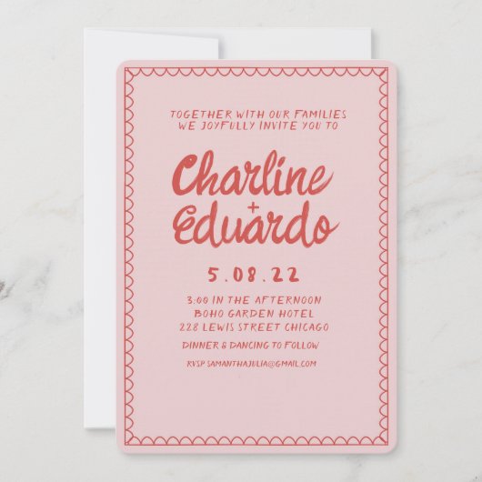 Invitation Mariage d'écriture manuscrite rose et rouge rétro (Devant)