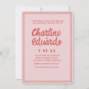 Invitation Mariage d'écriture manuscrite rose et rouge rétro