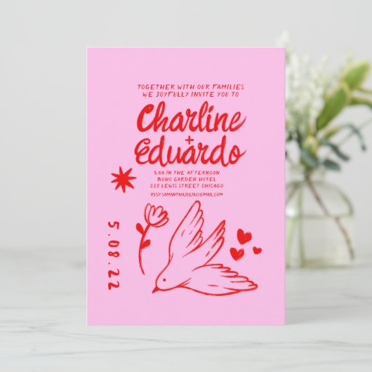 Invitation Mariage d'écriture manuscrite rose et rouge rétro (Debout devant)