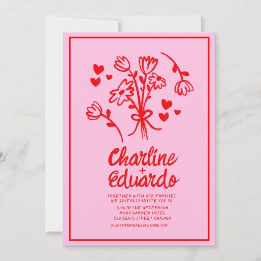 Invitation Mariage d'écriture manuscrite rose et rouge rétro (Devant)