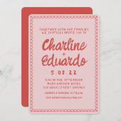 Invitation Mariage d'écriture manuscrite rose et rouge rétro (Devant / Derrière)