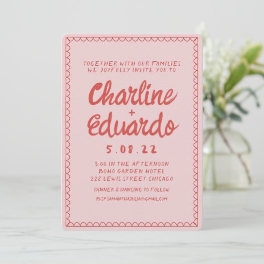 Invitation Mariage d'écriture manuscrite rose et rouge rétro (Debout devant)