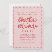 Invitation Mariage d'écriture manuscrite rose et rouge rétro (Devant)