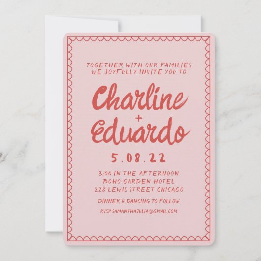 Invitation Mariage d'écriture manuscrite rose et rouge rétro (Devant)