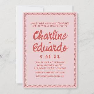 Invitation Mariage d'écriture manuscrite rose et rouge rétro