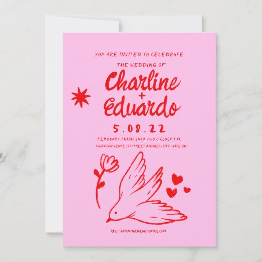 Invitation Mariage d'écriture manuscrite rose et rouge rétro (Devant)