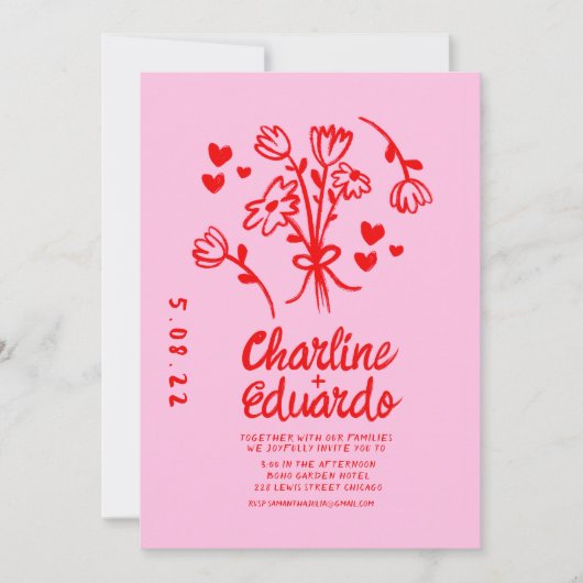 Invitation Mariage d'écriture manuscrite rose et rouge rétro (Devant)