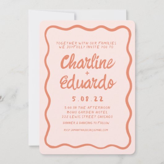 Invitation Mariage d'écriture manuscrite rose et rouge Wavy R (Devant)