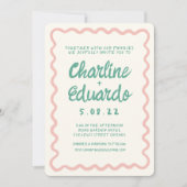Invitation Mariage d'écriture manuscrite rose et verte rétro (Devant)