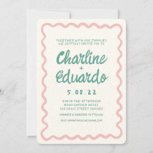 Invitation Mariage d'écriture manuscrite rose et verte rétro (Devant)