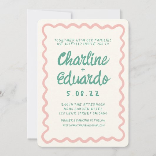 Invitation Mariage d'écriture manuscrite rose et verte rétro (Devant)