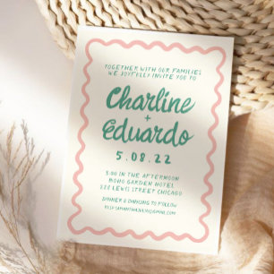 Invitation Mariage d'écriture manuscrite rose et verte rétro