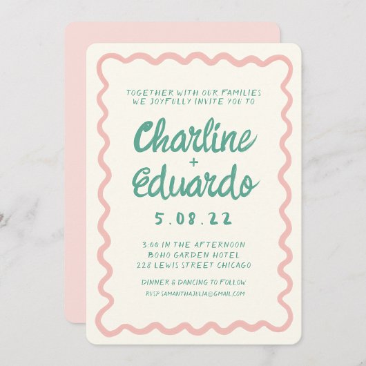 Invitation Mariage d'écriture manuscrite rose et verte rétro