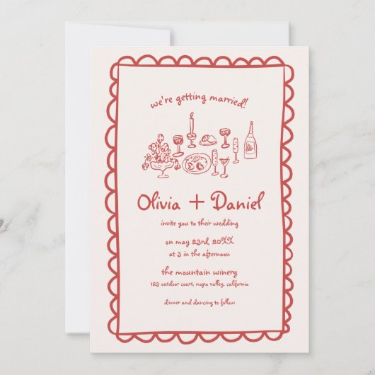 Invitation Mariage d'écriture manuscrite rouge à main funky (Devant)