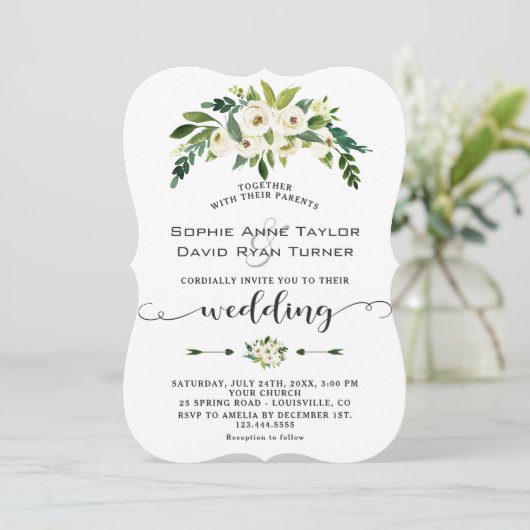 Invitation Mariage d'écriture moderne florale blanche (Debout devant)