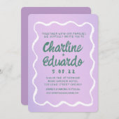 Invitation Mariage d'écriture rétro violet et vert vague (Devant / Derrière)