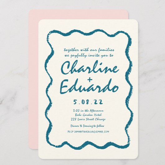 Invitation Mariage d'écriture rétro Wavy Blue