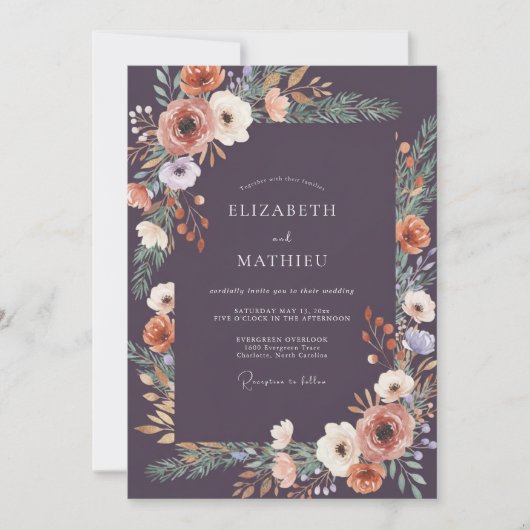 Invitation Mariage Deep Plum Ranunculus Grey Eucalyptus (Devant)