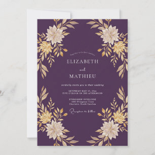 Invitation Mariage Deep Purple Gold Leaf