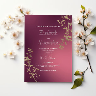 Invitation Mariage dégradé floral bordeaux or de luxe