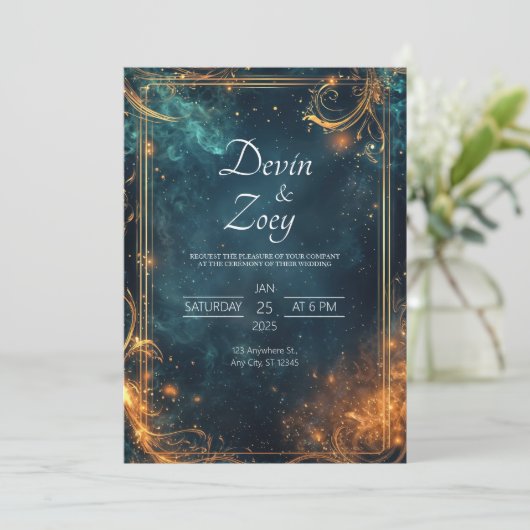 Invitation Mariage d'élégance céleste d'or de minuit (Debout devant)