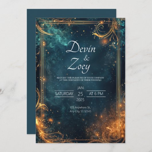 Invitation Mariage d'élégance céleste d'or de minuit (Devant / Derrière)