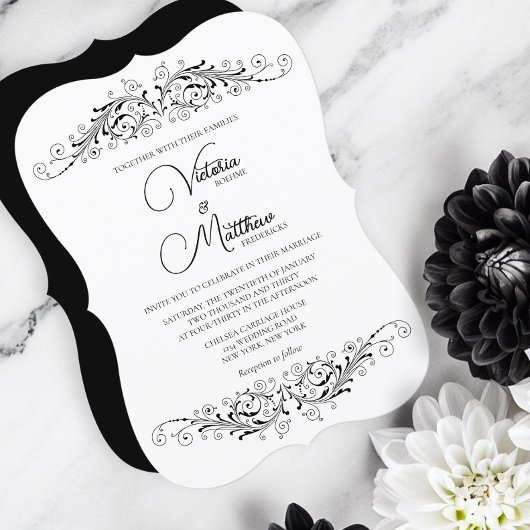 Invitation Mariage d'élégance de la floraison noire et blanch