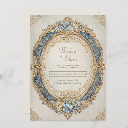 Invitation Mariage d'élégance Florale Bleu Vallée Victorienne (Devant / Derrière)
