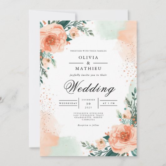 Invitation Mariage d'élégance florale de la Pêche (Devant)