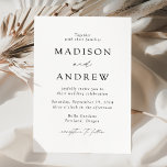 Invitation Mariage d'élégance moderne blanc et noir<br><div class="desc">Faire-part de mariage minimaliste et moderne avec vos détails mariages en lettres noires avec accents de script de calligraphie. L'arrière - plan blanc peut être changé en une couleur de votre choix. Conçu pour coordonner avec notre collection de mariages Modern Elegance.</div>