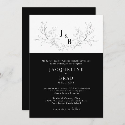 Invitation Mariage d'élégance noir et blanc (Devant / Derrière)