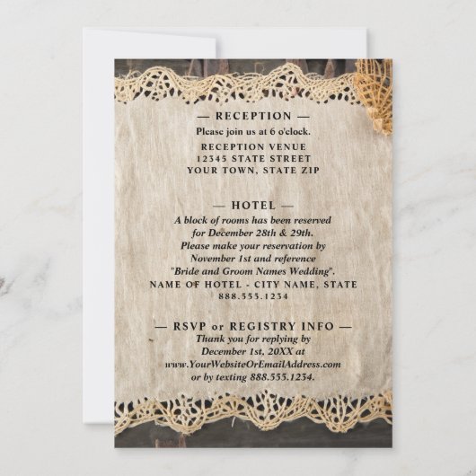 Invitation Mariage d'élégance rustique Burlap Lace Barnwood (Dos)