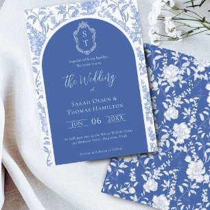 Invitation Mariage Delft Bleu Floral Chinoiserie Monogramme