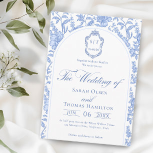 Invitation Mariage Delft Bleu Floral Chinoiserie Monogramme