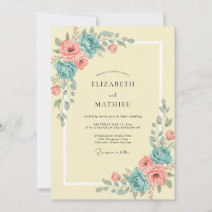 Invitation Mariage délicat Corail Turquoise Paeonia