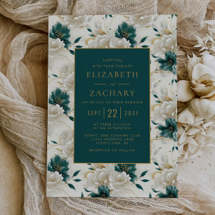 Invitation Mariage délicat floral ivoire sarcelle or