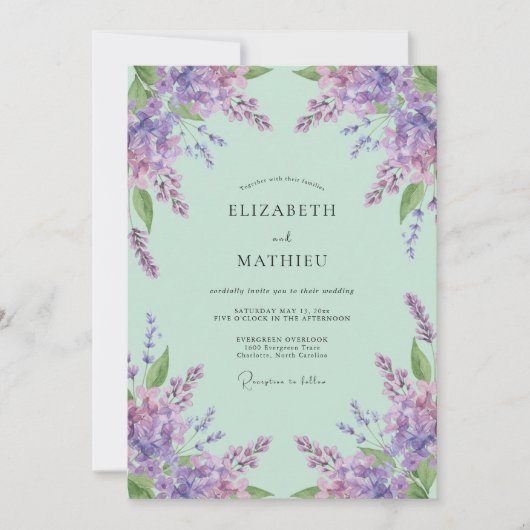 Invitation Mariage délicat lavande vert menthe (Devant)