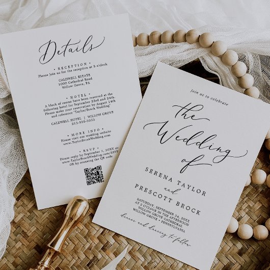 Invitation Mariage délicat tout-en-un code QR noir